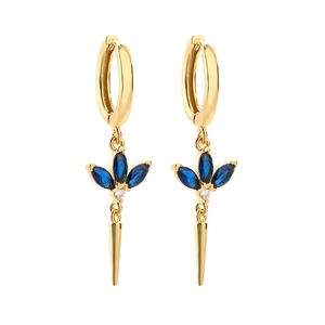 18K gold plated drop earrings featuring blue marquise crystals and tapered cone pendants