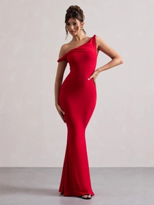 Elegant red off-shoulder slim fit maxi dress with an asymmetrical neckline for women