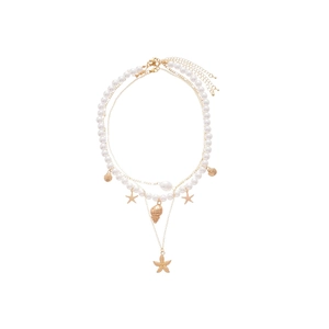 Multilayer gold starfish and shell necklace with white pearls for beach vacation style
