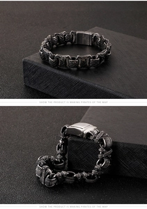 Detail of vintage 316L stainless steel bracelet with engraved patterns and clasp