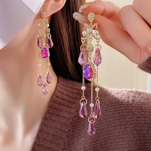 Pink crystal tassel earrings with pearls and diamonds in luxury vintage palace style