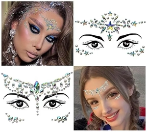 Detail showing acrylic face jewels with rhinestones and pearls for party makeup