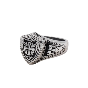 Retro stainless steel knight shield ring for men featuring a black cross relief detail