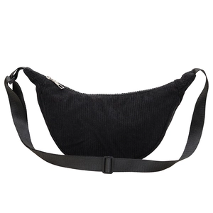 Minimalist black corduroy crossbody waist bag with adjustable strap and zipper closure