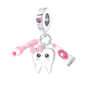 Silver tooth charm with pink toothbrush and toothpaste pendant for DIY bracelets