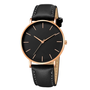 Business men's quartz watch with black dial, rose gold case and black leather strap