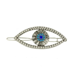 Sparkling Turkish Evil Eye hair clip with blue rhinestones on a silver metal base