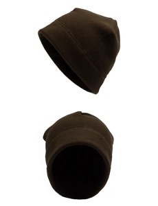 Detail view of dark brown fleece beanie showing seam stitching and thick thermal texture