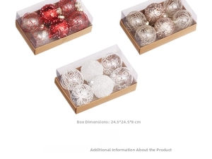 Detail of three 8cm Christmas ball gift sets with red, gold, and white painted ornaments