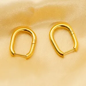 Minimalist Geometric Hoop Earrings 18K Gold Plated Stainless Steel U Shape Oval Polished Fashion Jewelry For Women