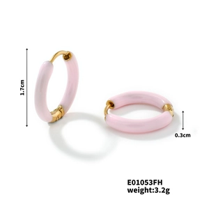 Detail view of 1.7cm pink enamel gold hoop earrings with size and weight specifications