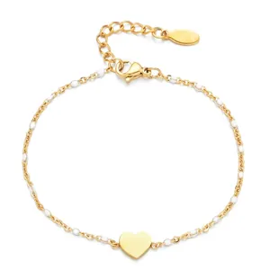 Bohemian 18k gold plated stainless steel heart bracelet with white enamel beads
