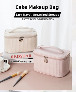 Detail of the quilted PU leather texture and sturdy handle on this versatile cosmetic bag