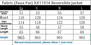 Detailed size chart for reversible shearling jacket with shoulder and bust measurements