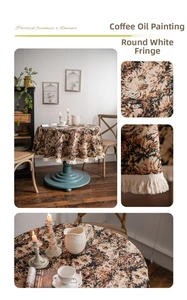 Detailed view of the American oil painting style round tablecloth with white fringe tassels