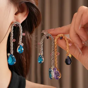 Vintage metal woven drop earrings with tassels and colorful crystals for women