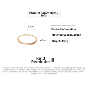 Detailed view of 18k gold plated bangle with dimensions 5.5x6.5cm and zircon inlay