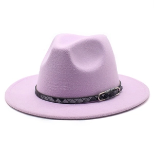 Detailed close-up of light purple wool fedora with a textured band and silver buckle