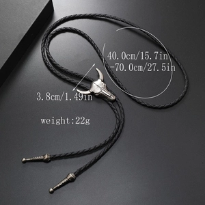 Vintage punk bull head bolo tie with black PU leather cord and silver metal pendant