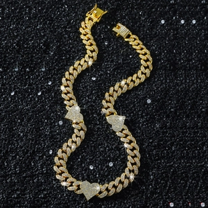 Classic 13mm gold plated iced out Cuban chain necklace with sparkling heart pendants