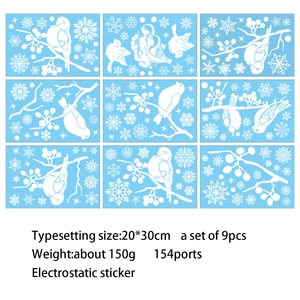 Christmas window stickers featuring blue birds and snowflakes, 9-piece static cling set