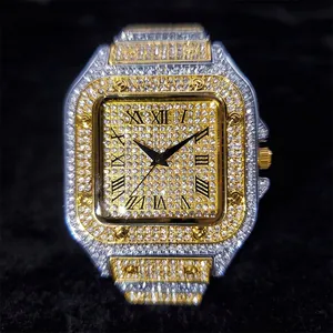 Detailed view of luxury gold square watch bezel with diamonds and Roman numerals