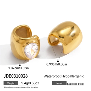 Detail of 18K gold-plated stainless steel clip earrings with teardrop zircon stones