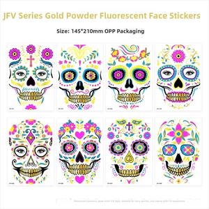 Macro detail of eight different UV glow skull face tattoo stickers for Halloween Day of the Dead
