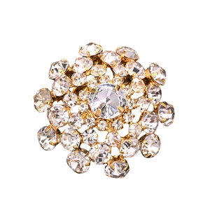 Elegant gold flower brooch with sparkling clear round crystals for suits and sweaters