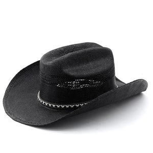 Detail of black woven straw cowboy hat featuring hollow breathable texture and patterned band