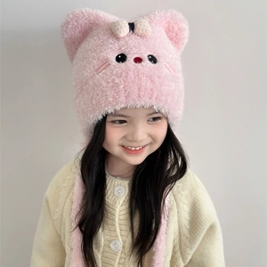 Pink plush winter hat for girls with cat ears and bow tie, warm earflaps design