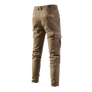 Detailed view of cargo pants with functional flap pockets and durable khaki fabric
