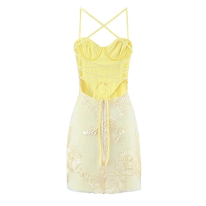 Pale yellow backless mini dress with floral embroidery and lace-up back detailing
