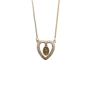 Detail of gold-plated heart pendant necklace with Virgin Mary relief and cubic zirconia