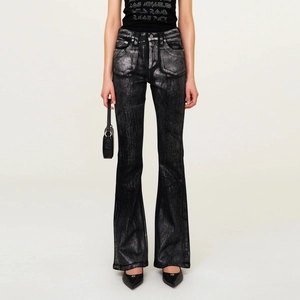 Jean Évasé Femmes Revêtement Métallique Paillettes Style Punk Taille Mi-Haute Pantalon Long En Denim