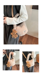 Detail of sherpa bucket bag with cute bear charm and woven label on plush material