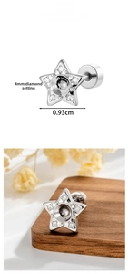 Star-shaped 4mm center stone setting ear stud with screw back and cubic zirconia accents