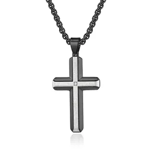 Men's black and silver stainless steel cross necklace with a center zircon on box chain