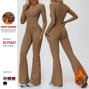 Women Mock Neck Half Zip Long Sleeve Flared Leg Jumpsuit Athletic Slim Fit Bodysuit Yoga Fitness Top And Bottom Romper