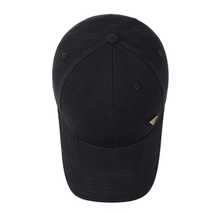 Classic black baseball cap with metal triangle logo and breathable cotton fabric
