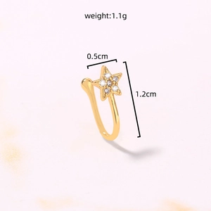 Detailed view of a gold star nose ring with diamonds including dimensions and weight data