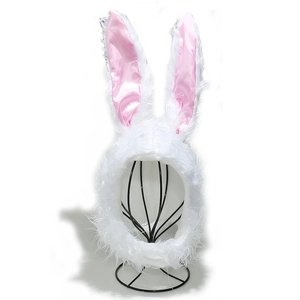 Cute white plush rabbit hat with long ears and pink satin lining for autumn winter warmth