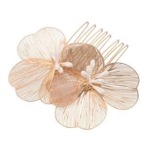 Exquisite golden flower bridal hair comb with hand-woven metal wire and faux pearls