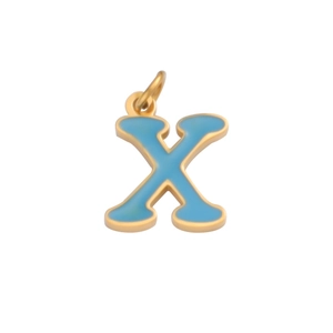 Macro shot of gold-plated letter X pendant with light blue enamel inlay and ring bail