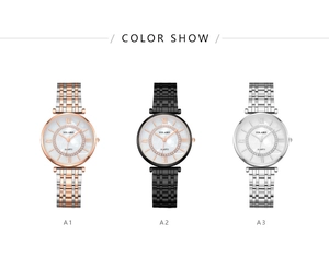 Three elegant quartz watches in rose gold, black and silver with rhinestone bezel detail