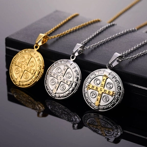 Religious St. Benedict pendant necklaces in gold, silver and two-tone stainless steel