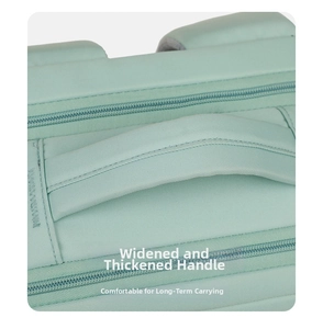 Close-up detail of the widened and thickened backpack handle in mint green, durable design.