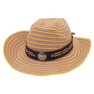 Cowboy Straw Hat Wide Brim Striped Summer Sun Protection Beach Hat With Turquoise Decorative Band And Wind Rope Unisex