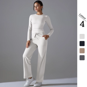 Ensemble de Sport Yoga pour Femmes en Nylon Élasthanne Top And Bottom Manches Longues et Jambes Larges