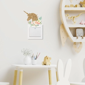 Golden glitter unicorn wall sticker for bedroom light switch decoration with pink flowers